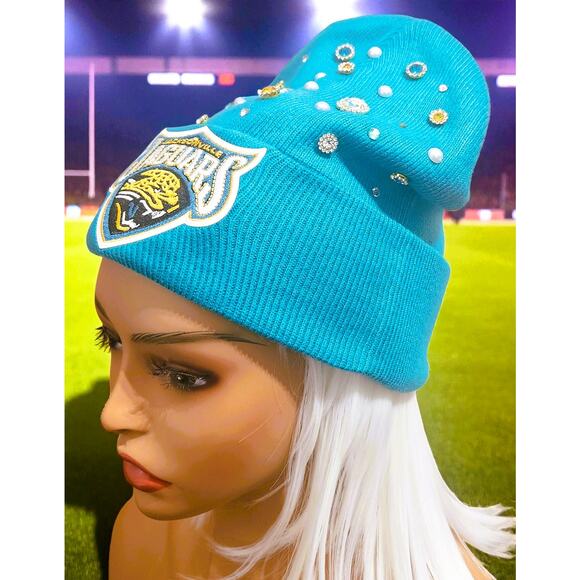 Jacksonville Jaguars Beanie Teal & Gold design with rhinestones, Logo - Picture 3 of 5